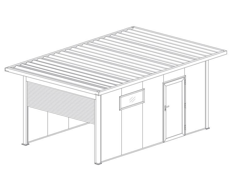 Abri de Jardin 3x3 Toit Plat avec Débord, Porte de Garage Enroulable, Porte de Service et Vitre Lateral